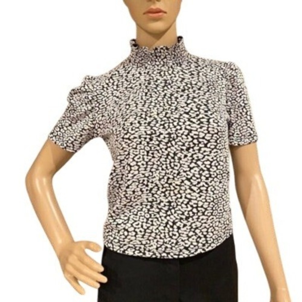 Zara Womens Small Animal Print Puff Sleeve High Smocked Neck Top Black White